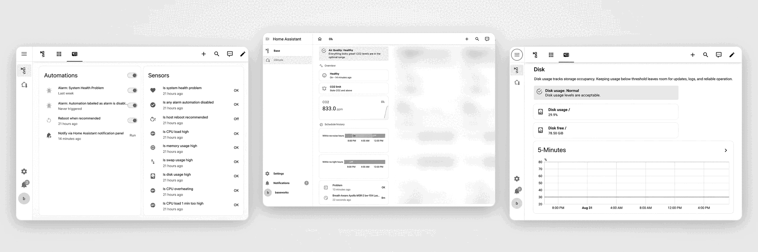 Home Assistant dashboard screenshots showing system health alerts, air quality readings, and storage monitoring.