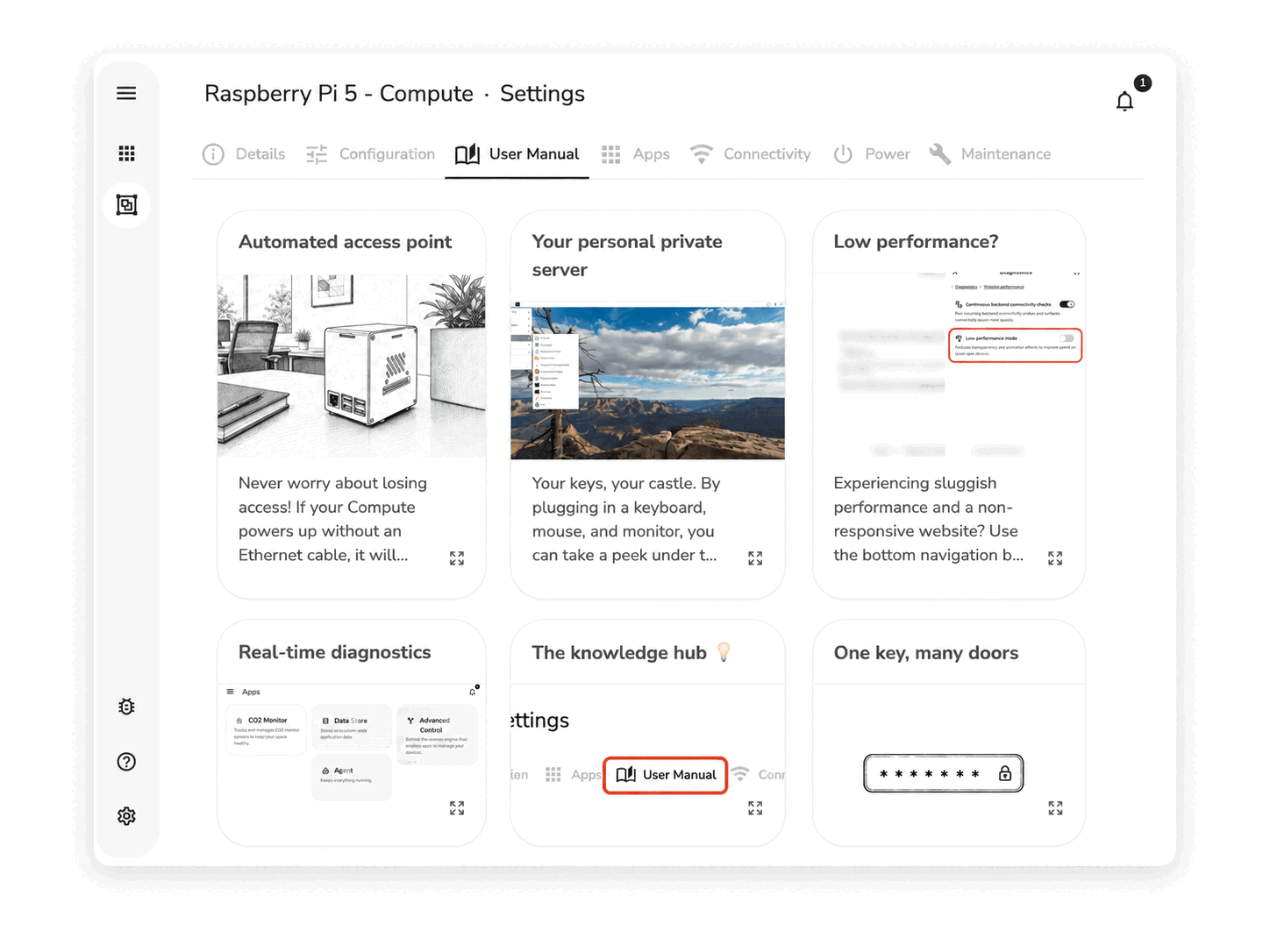Compute's built-in user manual with guides for a local access point, personal private server, diagnostics, and access control.